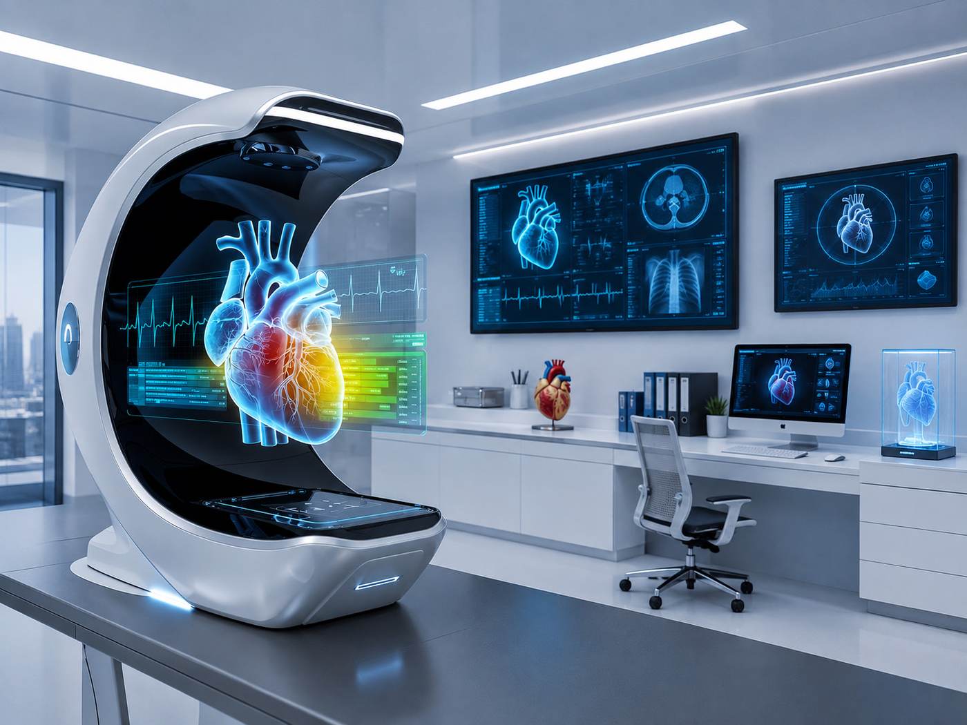 A holographic heart model projected above a 3D cardiac visualisation console in a hospital lab.